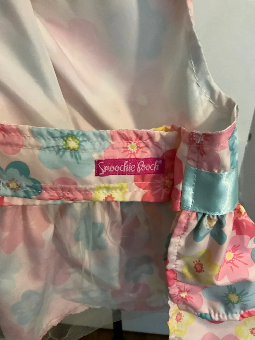 Smoochie Pooch Floral Harness Dog Dress with Blue Satin Bow – Size Large